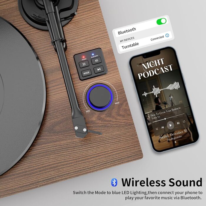 HiFi вініловий програвач Bluetooth USB з динаміками, стереосистема з регульованим противагою, магнітним картриджем та RCA виходом