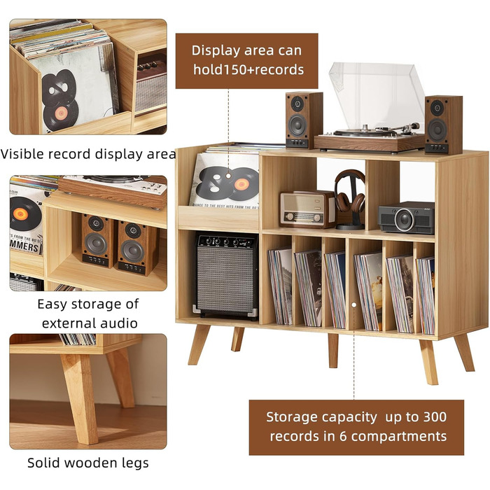 Підставка для платівок велика з полицею для зберігання, дерев'яна, на 450 альбомів