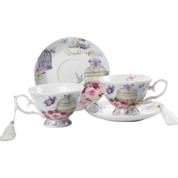 Набір чашок та блюдець London Boutique, Шabby Chic, вінтажний дизайн, порцеляна з квітковим візерунком, 2 набори в подарунковій коробці, кераміка (Lalic Summer Garden)