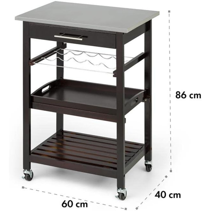 Кухонний візок на колесах, 40x60x86 см, Темне дерево, сервірувальний візок, візок, полиця для кухні