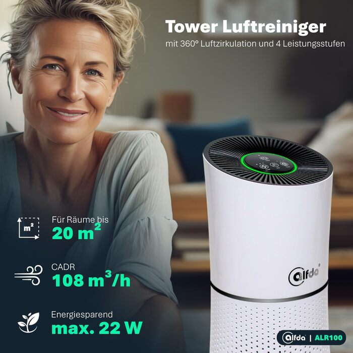 Повітряочищувач HEPA alfda ALR100 з 4-в-1 фільтром, іонізатором, 150 м³/год, до 20 м², тихий режим SLEEP, 28 дБ (A), нічне світло, енергоефективний DC-двигун, таймер, індикатор заміни фільтра