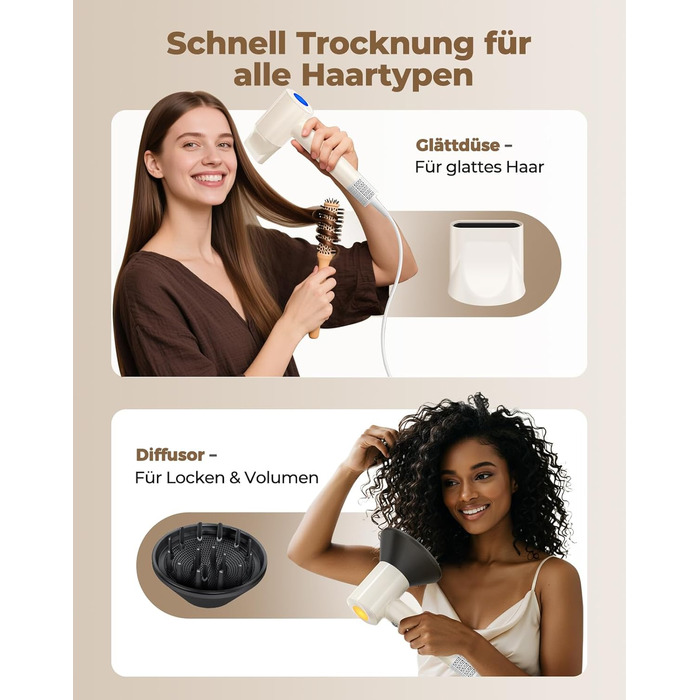 Іонний фен для волосся з дифузором, швидке сушіння 150 000 об/хв, 500 млн негативних іонів, 8 температурних режимів з LED-дисплеєм, для кучерявого та густого волосся, бежевий