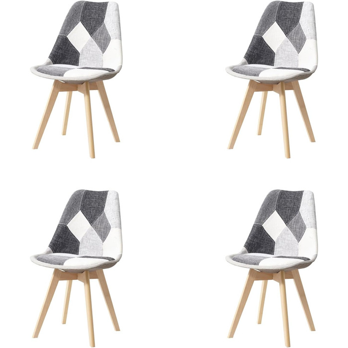 6 стільців для обідньої зони: дерев'яні ніжки, знімні подушки, сучасний дизайн, сірий patchwork