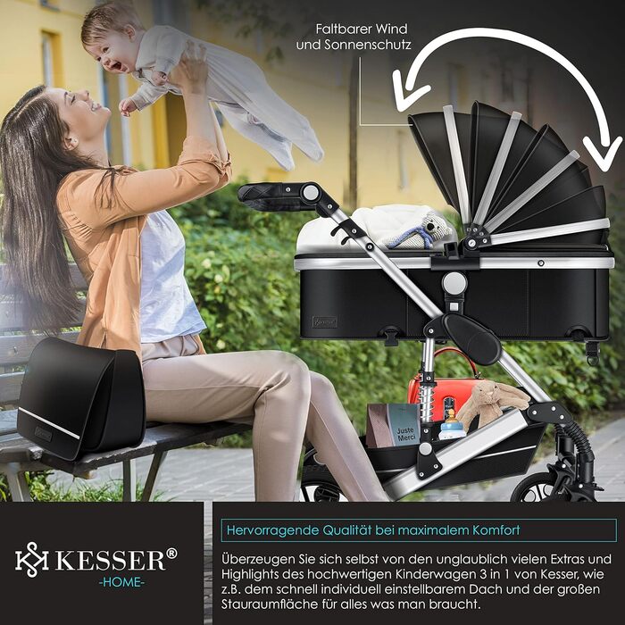 KESSER® Loops: Коляска 3-в-1 для дітей з люлькою, автокріслом та прогулянковим блоком. Комплект включає: автокрісло, люлька, прогулянковий блок, візок, колеса з повним покриттям, сумка для підгузків, дощовик, столик для дитини. Відповідає стандарту ECE R1