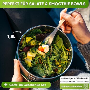 Преміум ланчбокс з нержавіючої сталі для дітей, 780 мл, з ложкою та 2 ущільнювачами, витримує температуру, для школи, миється в посудомийній машині (1800 мл, сріблястий)