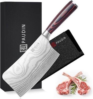 PAUDIN Ніж Сантоку з Дамаської сталі 13 см, професійний кухонний ніж для кухні, надзвичайно гострий, з високоякісної нержавіючої сталі та ергономічною ручкою G10 (ніж-сікач 18 см)