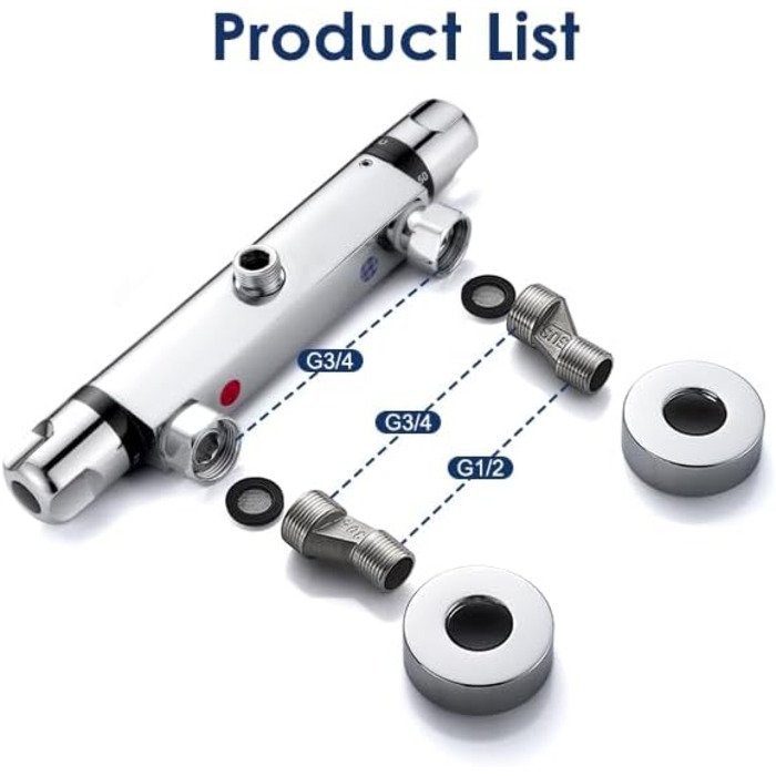 Змішувач для ванни з термостатом, накладний, хром, латунь, з кнопкою безпеки 38°C, для ванни, душ