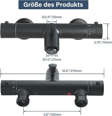 Змішувач для ванни з термостатом, чорний, настінний монтаж - універсальний для ванни та умивальника