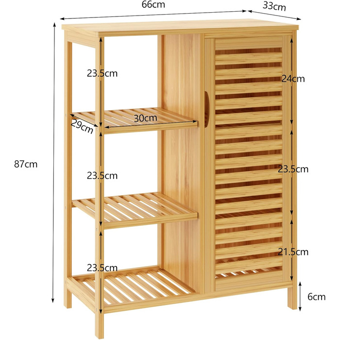 Шафа для ванної кімнати Sogesfurniture з бамбука, 66x33x87 см, з 4 полицями та жалюзі-дверцятами