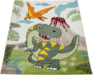 Килимок для дитячої кімнати Paco для дому, зелений динозавр, вулкан джунглів з 3D ефектом, короткий ворс, розмір (140x200 см)