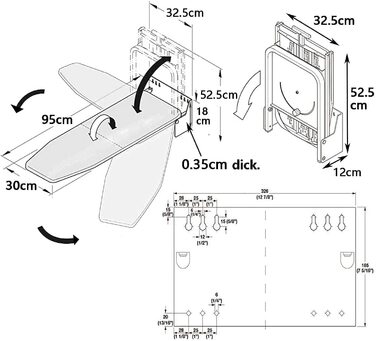 Настінна складна прасувальна дошка 95x33 см, поворотна 180, термостійка, біла