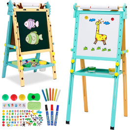 Дитяча мольберт Kinder-Kunst з підставкою для рулонів паперу, двосторонній, регульована висота 81–110 см, дошка для маркерів та крейди, мольберт-підставка з цифрами та аксесуарами, набір для малювання для малюків