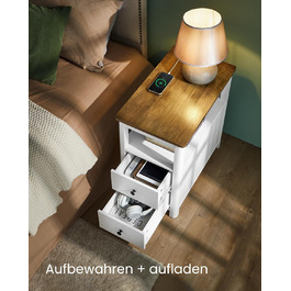 Приставний столик VASAGLE з розеткою, 2 шухляди, для невеликих кімнат, стиль марина, горіхово-білий LET327W4