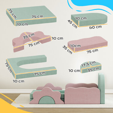 Набір з 12 м'яких блоків для лазіння, конструювання та повзання, ігровий килимок для дому з обтягуванням з тканини, зелений+рожевий