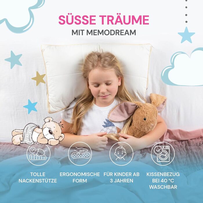 Подушка MemoDream Junior від VITAPUR для дітей, 30x50x9 см, Memory Foam, гіпоалергенна, м'яка, пральна, Ökotex-100, від 3 років