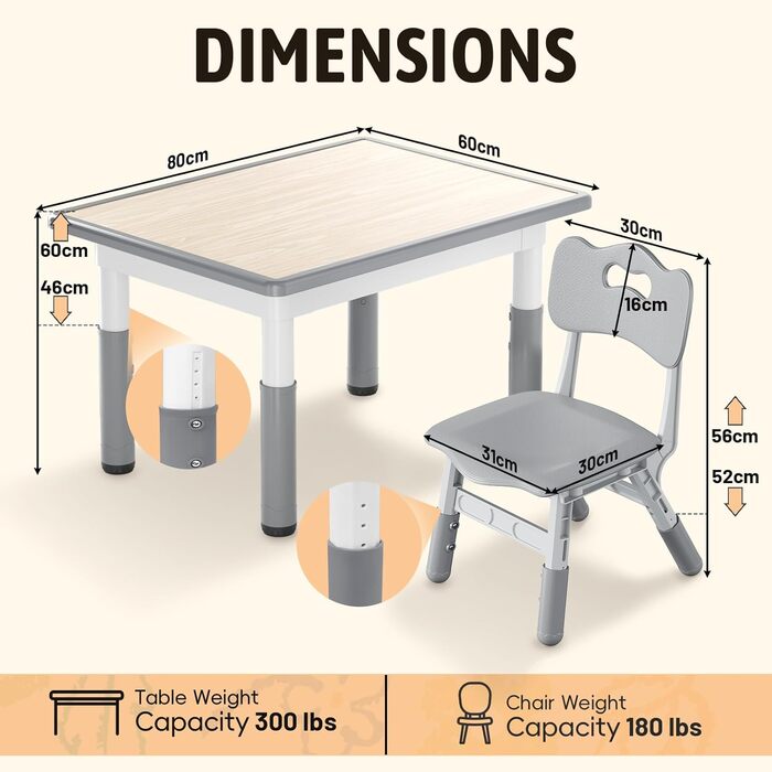 Дитячий стіл зі стільцями, дитяча група меблів, регульована висота, HDPE та ABS, багатофункціональний ігровий стіл для дітей 2-10 років, ергономічний набір столи та стільця для дитячої кімнати (80*60 см, сірий)