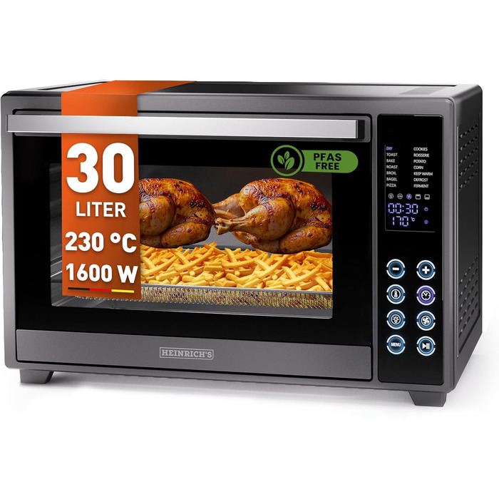 Багатофункціональна міні-піч Heinrich's з об'ємом 48 літрів, конвекція, таймер на 8 годин, підсвітка, регулювання 100-230°C, сенсорне керування, з аксесуарами, чорна, 2000W