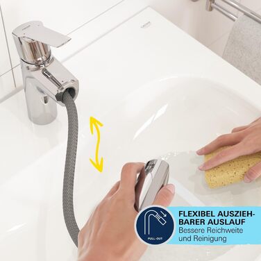Змішувач для ванної кімнати GROHE Start для сім'ї, економія води, висувний, з поп-ап зливом, 19 см, 3-в-1 інструмент, проста установка, хром, 24205003