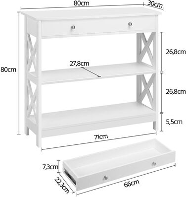 Консольний стіл Yaheetech, Стіл для передпокою з ящиком і 2 полицями, Журнальний столик Дерево, 80x30x80 см, Білий