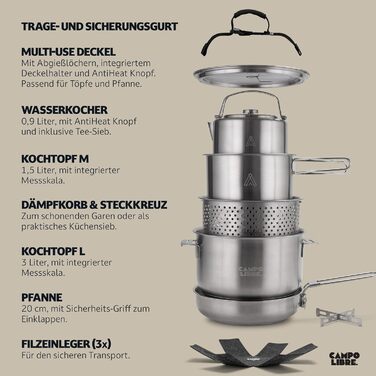 Набір посуду для кемпінгу Campo Libre Enzo I з нержавіючої сталі: компактний, індукційний, 6 або 8-ти частинний