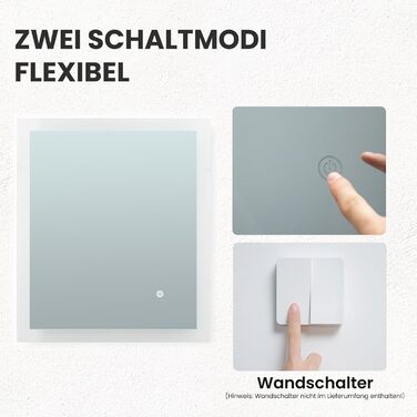 Дзеркало для ванної кімнати з підсвічуванням | LED дзеркало | IP54 вологостійке | Сенсорне керування | Настінне дзеркало (70x50 см)