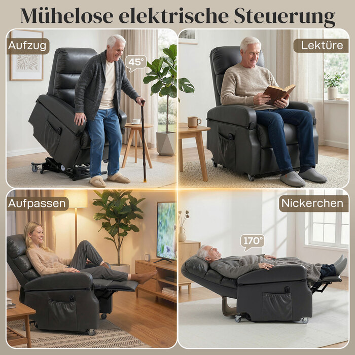 Крісло-релаксатор з підйомним механізмом та електроприводом. Електричне крісло з підніжкою, пультом дистанційного керування та функцією відкидання спинки, колір – темно-сірий.