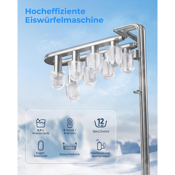 Льодогенератор Klarstein Ice Maker – Швидке виробництво льоду (12 кг/24 год), 2 розміри кубиків, самоочищення, для дому, кухні, офісу, бару – Чорний