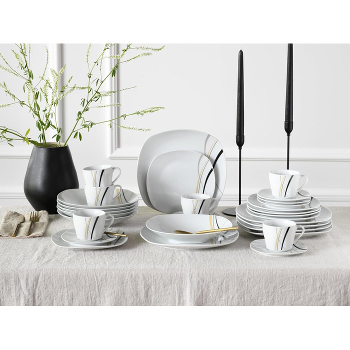 CreaTable Серія Square City Line: 18-частинний набір посуду для 6 осіб, кавовий сервіс з порцеляни, придатний для миття в посудомийній машині та використання в мікрохвильовій печі, преміум-якість (комбінований сервіс 30 шт.)