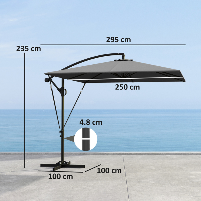 Парасолька Outsunny Centilever Ø260 см із захистом від ультрафіолету 50+ Водовідштовхувальна кривошипна парасолька з підставкою, чохлом, кривошипом, вітрозахисним склом, ринковою парасолькою Нахилена садова парасолька для балконного патіо сірого кольору |