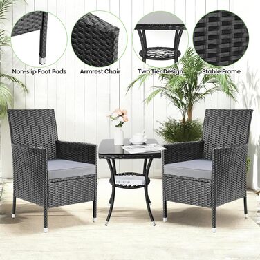 Набір меблів для балкона LIFERUN 3 шт. з ротангу, подушками та склом, чорний