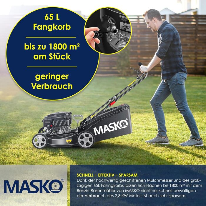 Бензиновий газонокосарка MASKO® 5in1 | Ширина косіння 51 см | 8 положень висоти косіння | 4-тактний OHV двигун 6.0 PS | 65 л травозбірник | Включно з набором для мульчування, бічний викид | Чорний/Сірий