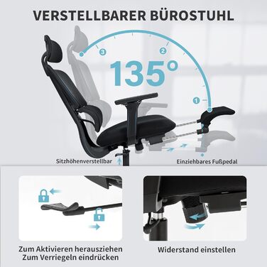 Ергономічне крісло для офісу з підніжкою, висока спинка, 2D підголівник, відкидні підлокітники, сидіння з губки, сітчастий офісний крісло, крісло для начальника, комп'ютерне крісло для дорослих, чорне