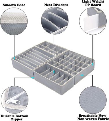 Осередки ящики для зберігання шкарпеток і нижньої білизни, складні ящики, роздільники ящиків, ящики Органайзер тканинні ящики для зберігання шкарпеток,шарфів, краваток(сірий) (комплект з 6 серій), 3 шт., 24