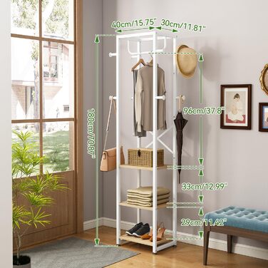 Підставка для одягу IBUYKE, вільного стояння, з 3 полицями та 8 гачками, індустріальний дизайн, для передпокою, коридору, спальні, 180 x 40 x 30 см, колір: натуральний та білий