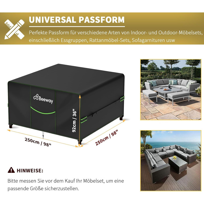 Чохол для садово-патіо меблів BEEWAY, водонепроникний, 300x250x102 см, захисна накривка, анти-UV, зимостійкий (чорний)