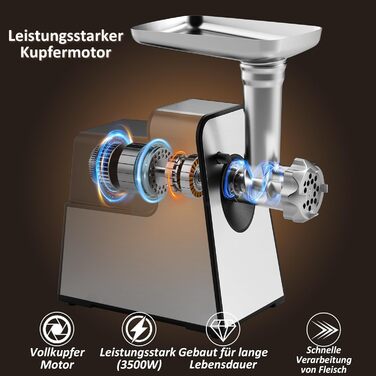 Електричний м'ясорубка STANEW Fleischwolf 3 в 1: м'ясорубка, машина для куббе та ковбас, нержавіюча сталь, 3,5 кг/хв, 3500 Вт