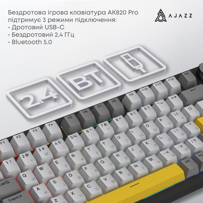 Бездротова механічна клавіатура Ajazz AK820 PRO 75% Flying Fish Switch Black RGB (AK820PRO-FF-BGY)