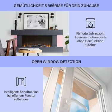 Електрокамін Klarstein Light & Fire 2 Smart, 2000 Вт, LED-імітація полум'я, настінний, з пультом і таймером, економний, корпус з МДФ, білий/чорний