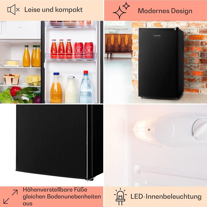 Холодильник Klarstein, міні-холодильник для напоїв, 46/80 л, чорний, з морозильною камерою, тихий, для дому, офісу, кемпінгу, 0-10°C
