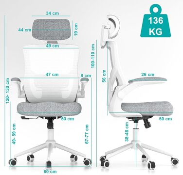 Ергономічне крісло для офісу з регульованою підголівником та поперековою підтримкою – високе офісне крісло з сітчастою спинкою та м'яким сидінням, вішалка для одягу та функцією блокування (білий та сірий)