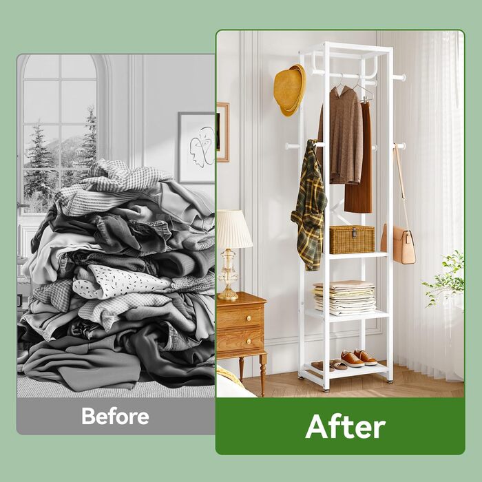 Стійка для одягу IBUYKE, вішалка для одягу з 3 полицями та 8 гачками, індустріальна стійка для передпокою, коридору, спальні, натуральний колір та білий, TMJ088R (180 x 40 x 30 см)