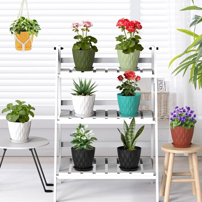 Набір горщиків для квітів 20 см, 5 шт. Чорні пластикові горщики з підставкою та дренажними отворами, 3D-текстура, для монстери, герані та кімнатних рослин, внутрішнє та зовнішнє використання