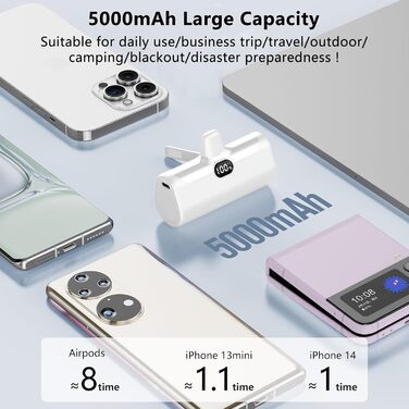 З підставкою та світлодіодом, сумісний з iPhone 14/13/12/11/XS/XR/8/7, білий, 5000mAh