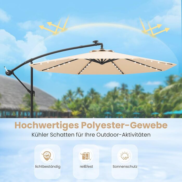 Парасолька від сонця COSTWAY 300 см з підставкою та LED-підсвіткою, бежева — садова парасолька-ампел з ручкою-коробкою та UV-захистом для тераси, басейну та двору