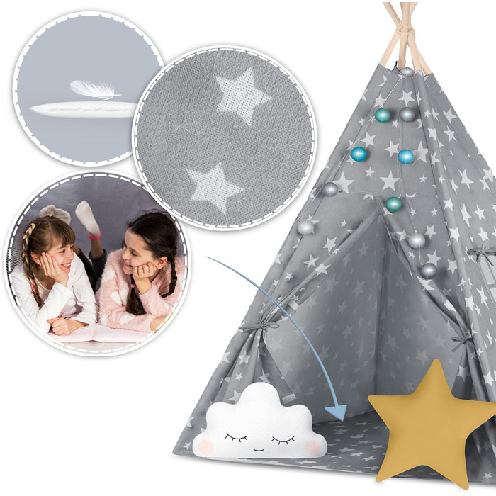 НЮКІДО Палатка для іграшок Tipi з бавовни та дерев'яним каркасом, сіра з зірками, 120x120x165 см