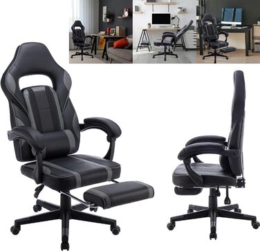 Офісне крісло Ігрове крісло з регулюванням висоти Ергономічне з м'якими підлокітниками та підставкою для ніг Комп'ютерне офісне крісло з коліщатками, -Сірий (чорно-сірий), 360
