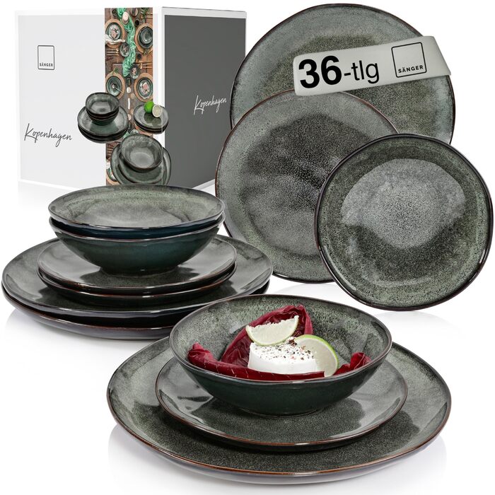 Набір посуду SÄNGER Teller Set Kopenhagen 24 елементи, 8 осіб, керамічний сервіз (тарілки для вечері, сніданку, супу), зелений/сірий, PREMIUM COLLECTION