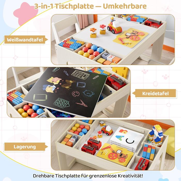 Дитячий стіл та стільці Mamizо з місцем для зберігання, набір для дитячої кімнати, школи, дитячого садка, від 3 років (білий)