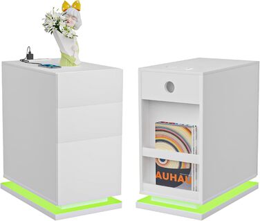 Вузька приліжкова тумба Lvhecforhm з LED підсвіткою, біла, з розеткою і USB, 16 режимів підсвічування, 50x30x63 см, для спальні та вітальні, глянцева