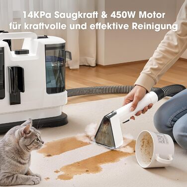 Наклепник для килимів та меблів 450W з потужністю всмоктування 13500Pa, білий. Ідеально для килимів, диванів, меблів, сходи, автомобіля та виведення плям. Великий бак та довгий кабель.